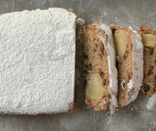 Christmas fruitcake with powdered sugar